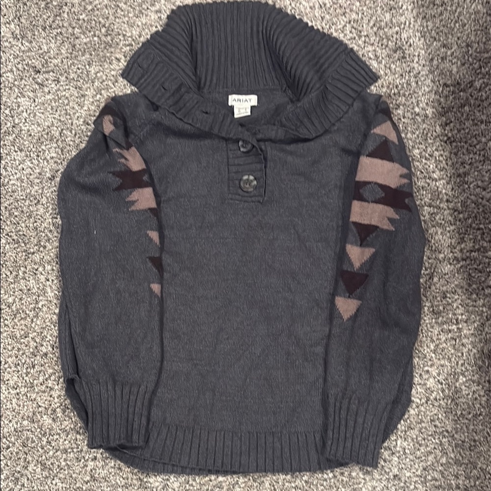 Ariat Gray Sweater with Brown Southwestern Sleeve Accents